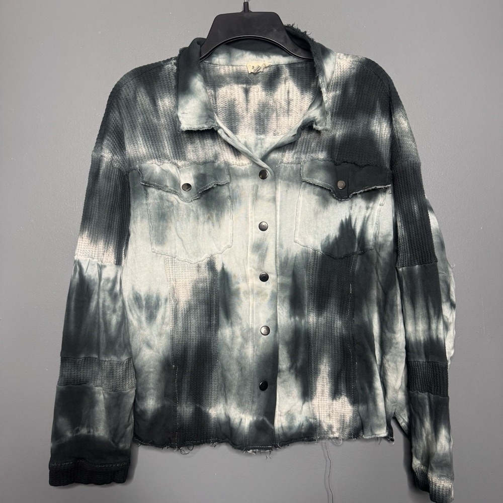 POL Knit‎ Jacket Womens Large Navy Oversized Tie Dye Boxy Raw Front Hem Boho
